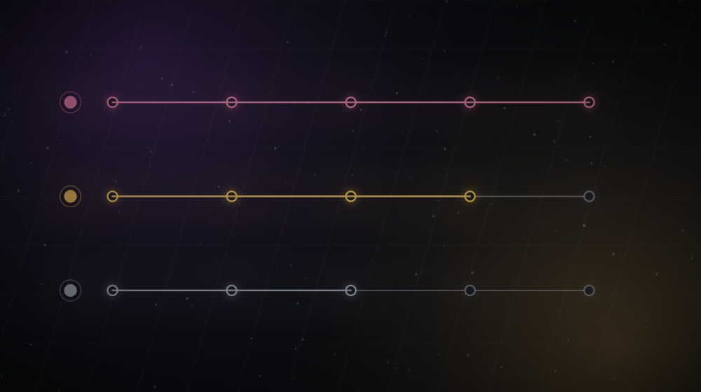 Três linhas do tempo em paralelo, cada uma com um estágio de avanço diferente